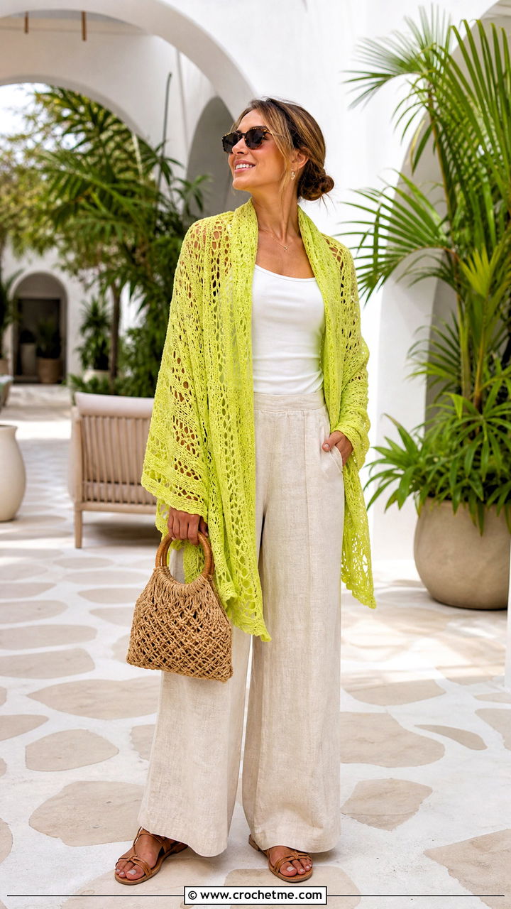 Lace Mesh Prayer Shawl With Linen Pants - 35 crochet prayer shawl outfit ideas