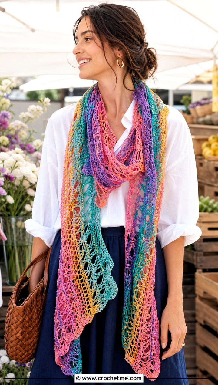 Lace Mesh Rainbow Scarf With White Shirt And Maxi Skirt - 15 Crochet Rainbow Scarf outfit ideas