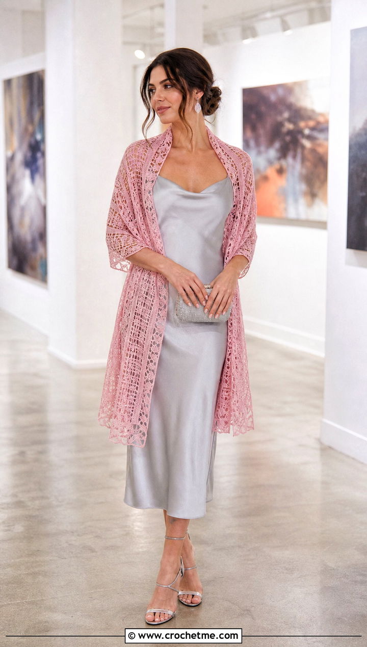 Lace Mesh Rectangle Crochet Shawl With Slip Dress - 20 Rectangle Crochet Shawl outfit ideas