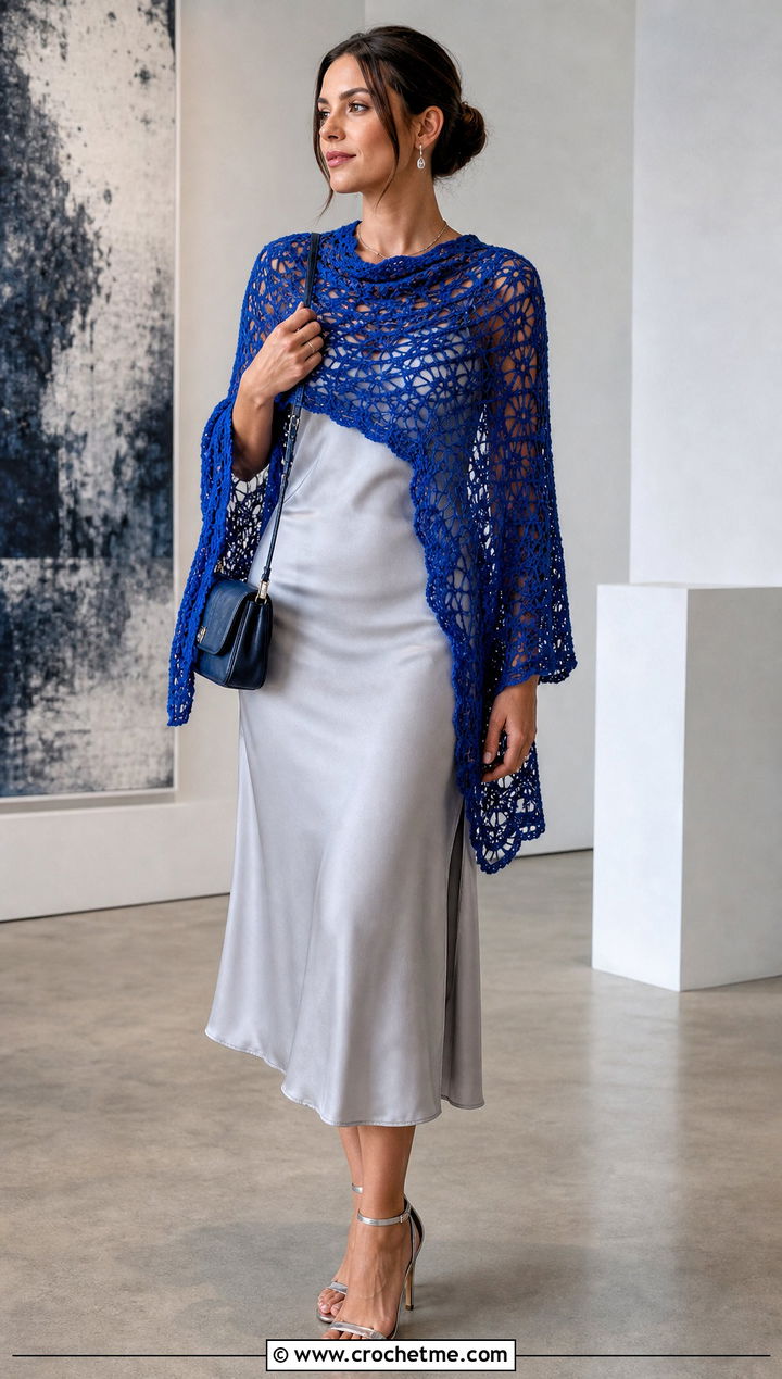 Lace Mesh Rectangle Shawl With Slip Dress - 25 Easy Crochet Rectangle Shawl outfit ideas