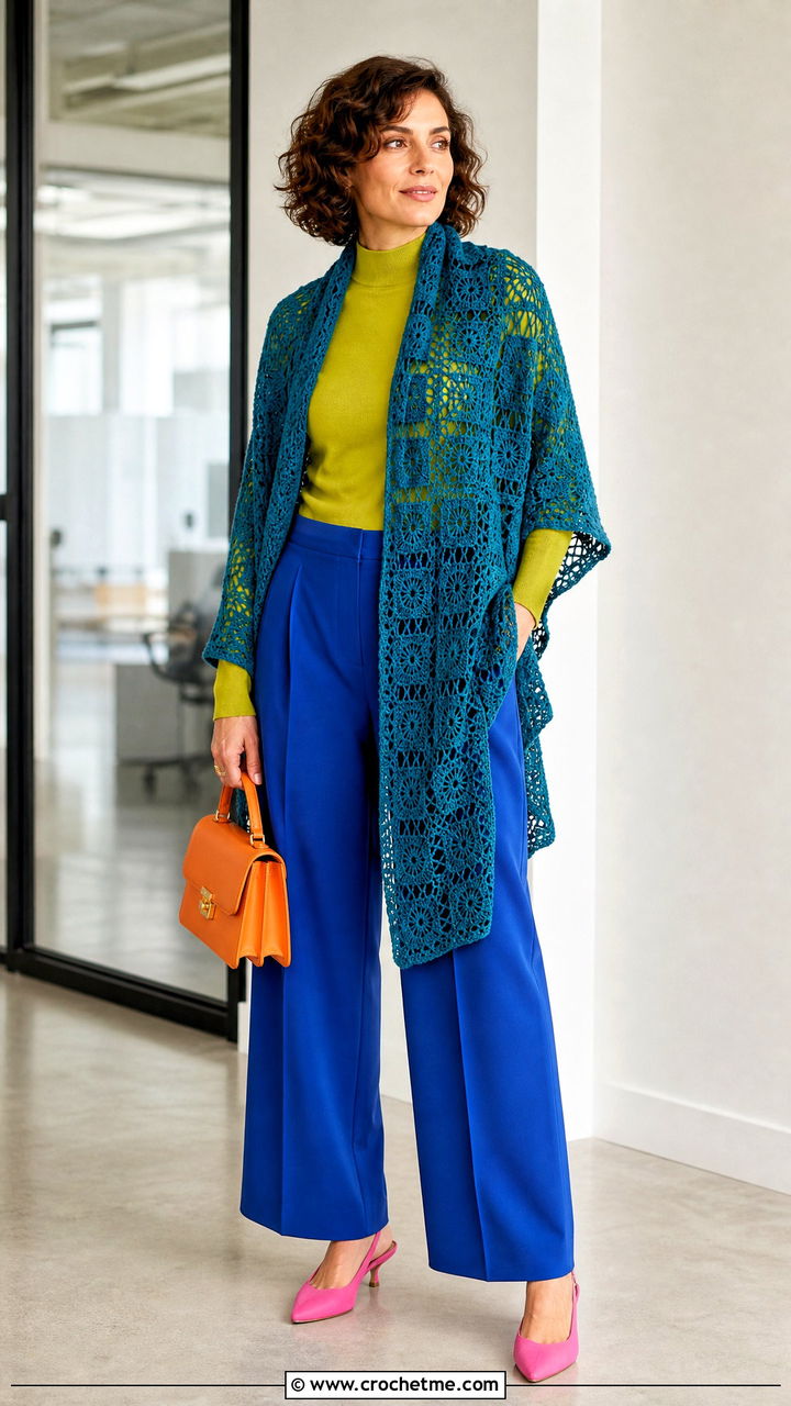 Lace Mesh Rectangular Shawl With Tailored Trousers - 35 crochet shawl outfit ideas