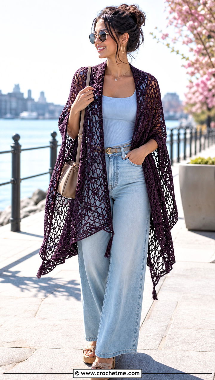 Lace Mesh Shawl With Wide Leg Jeans - 15 Lion Brand Crochet Shawl In A Ball outfit ideas