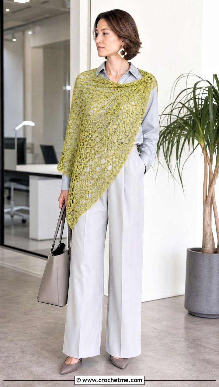 Lace Mesh Sideways Crochet Shawl With Wide Leg Trousers - 25 Sideways Crochet Shawl outfit ideas
