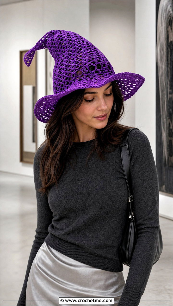 Lace Mesh Slouchy Crochet Witch Hat With Satin Skirt - 30 slouchy crochet witch hat outfit ideas