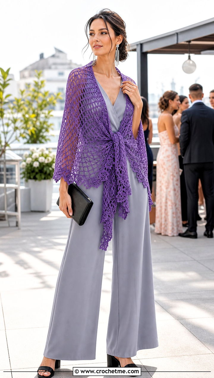 Lace Mesh Square Crochet Shawl With Wide Leg Jumpsuit - 25 Square Crochet Shawl outfit ideas