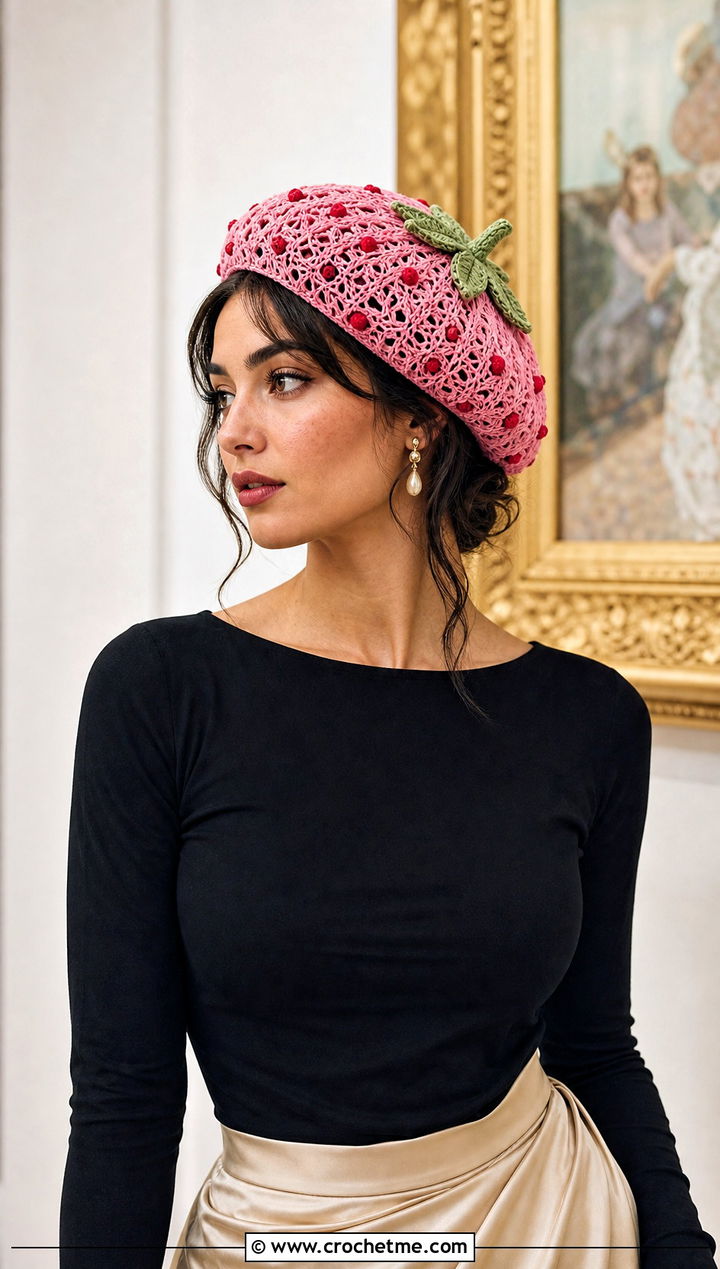 Lace Mesh Strawberry Crochet Beret With Slip Skirt - 25 strawberry crochet beret outfit ideas