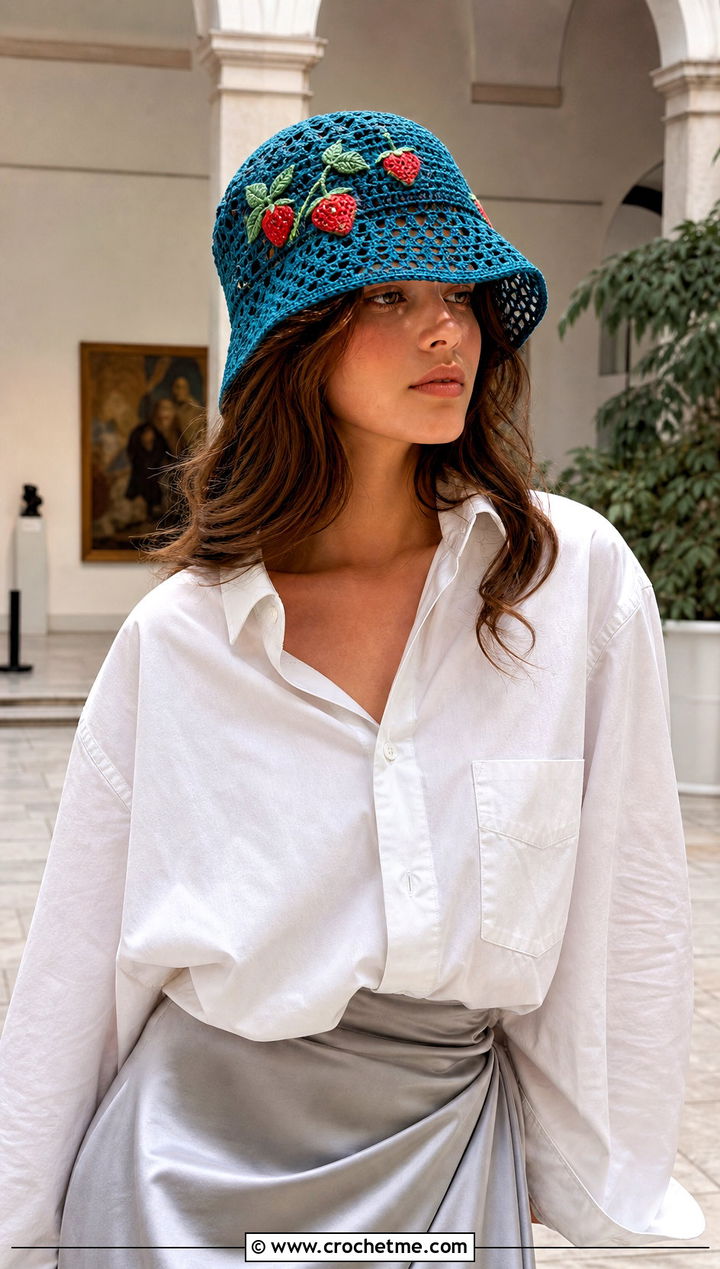 Lace Mesh Strawberry Shortcake Bucket Hat With Satin Skirt - 30 crochet strawberry shortcake hat outfit ideas