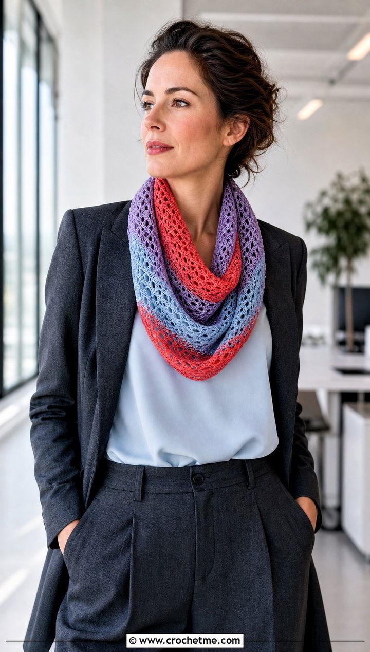 Lace Mesh Striped Crochet Cowl With Blazer - 15 striped crochet cowl outfit ideas