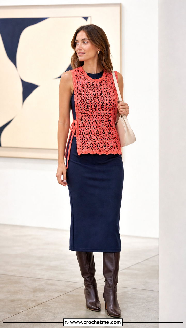 Lace Mesh Tie Side Loopy Crochet Vest With Midi Dress - 15 loopy crochet vest outfit ideas