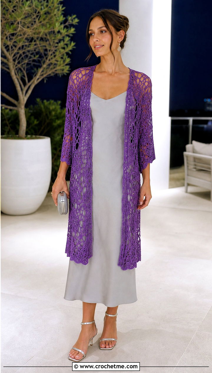 Lace Mesh Top Down Crochet Cardigan With Slip Dress - 30 top down crochet cardigan outfit ideas
