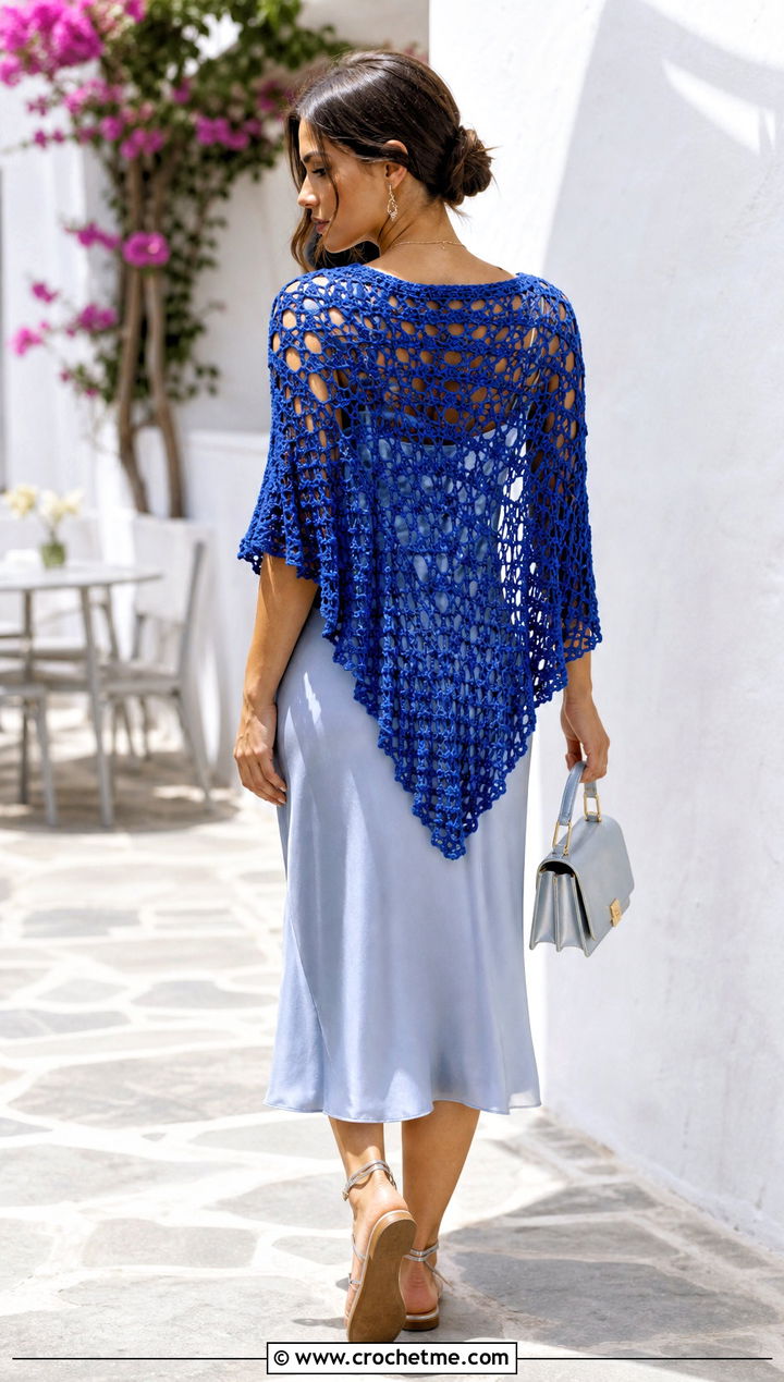 Lace Mesh Triangle Crochet Shawl With Slip Dress - 35 easy crochet shawl outfit ideas