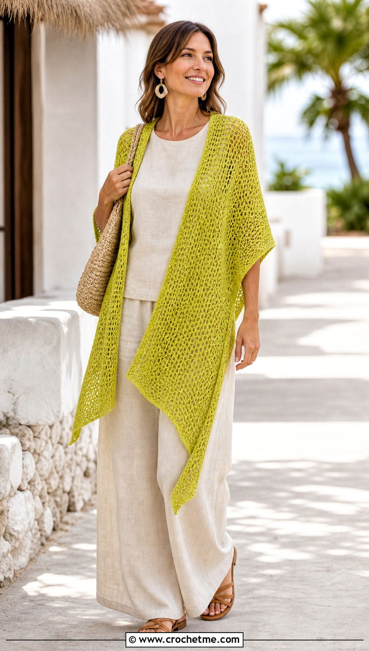 Lace Mesh Tunisian Crochet Wrap With Linen Set - 25 Tunisian Crochet Wrap outfit ideas