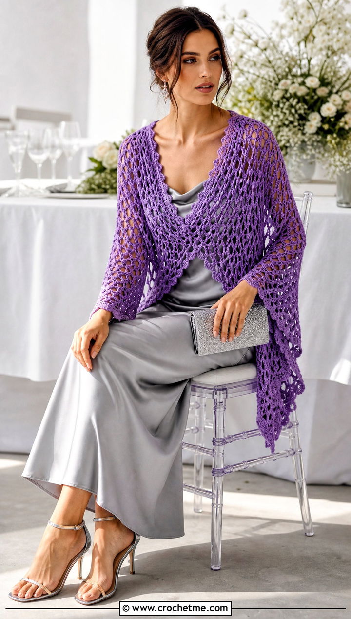 Lace Mesh V Shaped Crochet Shawl With Slip Dress - 15 V Shaped Crochet Shawl outfit ideas