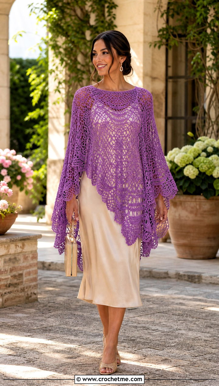 Lace Mesh Vintage Crochet Poncho With Slip Dress - 15 Vintage Crochet Poncho outfit ideas