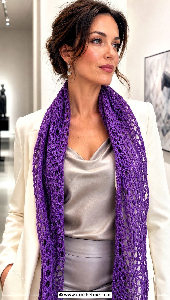 Lace Mesh Wide Scarf With Blazer And Satin Skirt - 20 Crochet Wide Scarf outfit ideas