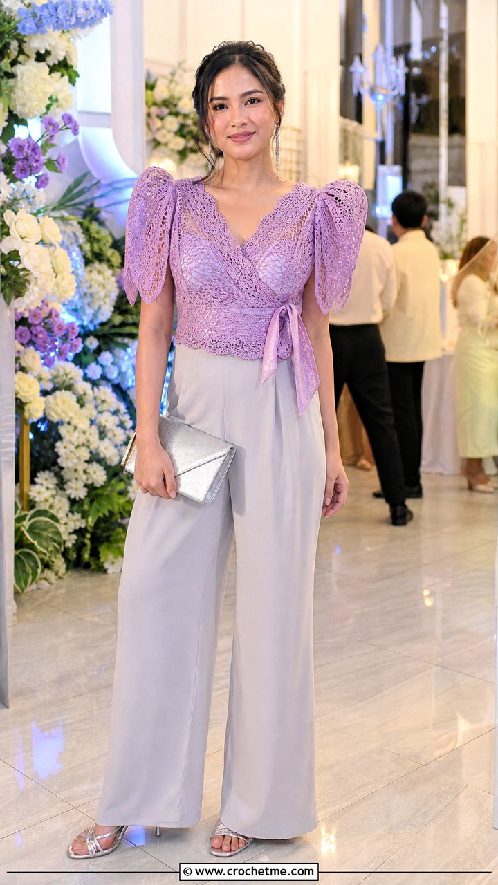 Lace Mesh Wrap Terno Crochet Top With Palazzo Pants - 35 crochet filipiniana top outfit ideas