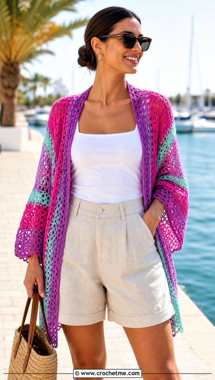 Lace Mesh Wrap With Linen Shorts And Sandals - 15 Colorful Striped Crochet Wrap outfit ideas