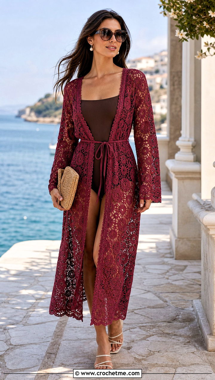 Lace Midi Crochet Swim Cover Up With Classic One Piece - 35 crochet swim cover up outfit ideas