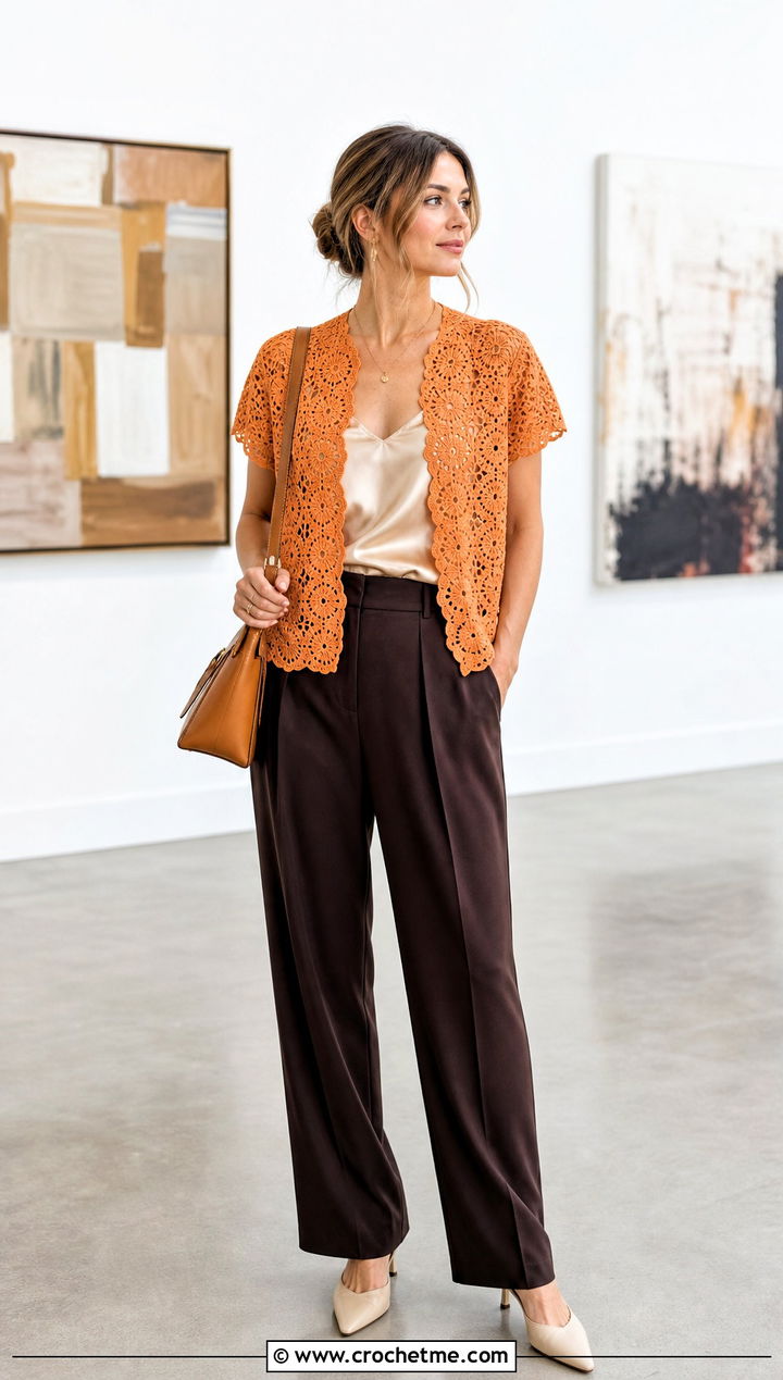 Lace Motif Cardigan With Satin Camisole And Suit Trousers - 25 short sleeve summer crochet cardigan outfit ideas