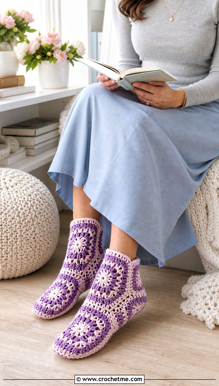 Lace Motif Granny Square Slipper Socks With A Midi Skirt And Fitted Knit - 15 Granny Square Slipper Socks outfit ideas