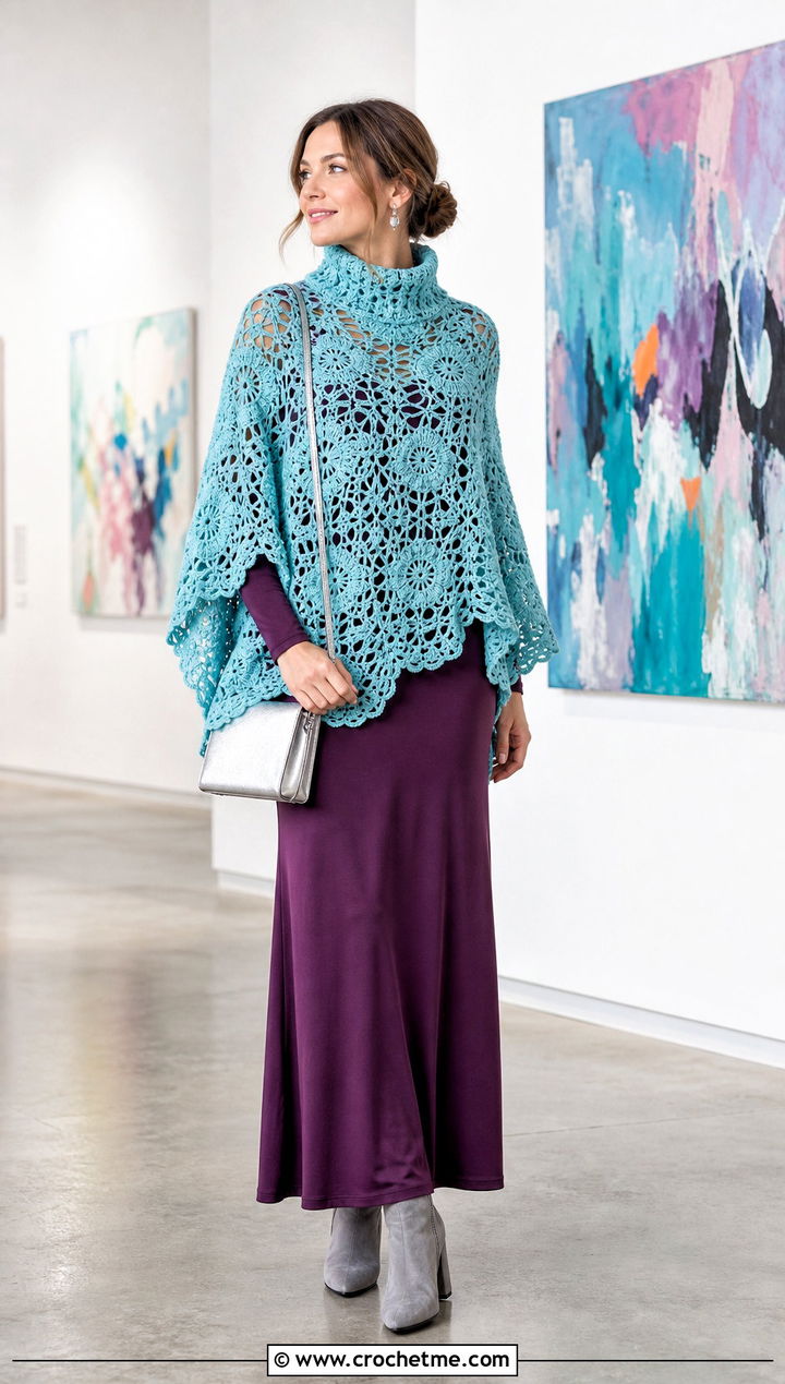 Lace Motif Turtle Neck Crochet Poncho Over A Maxi Dress - 25 Turtle Neck Crochet Poncho outfit ideas