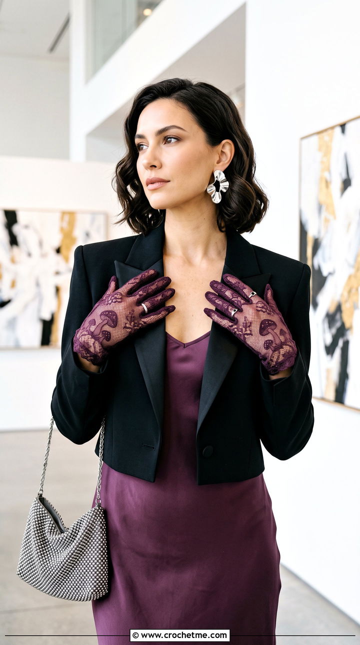Lace Mushroom Gloves With Slip Dress - 20 Crochet Mushroom Gloves outfit ideas