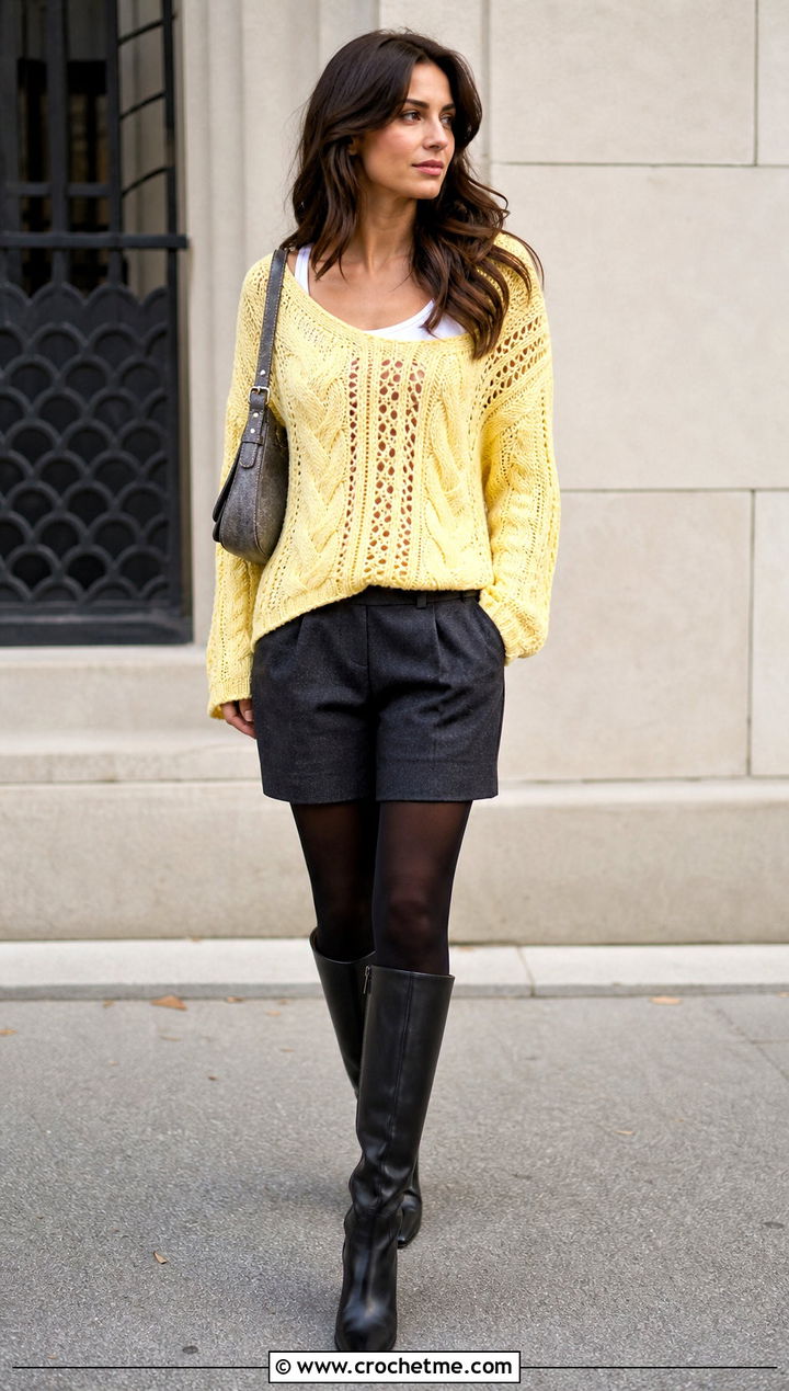 Lace Panel Crochet Cable Sweater With Tailored Shorts - 30 crochet cable knit sweater outfit ideas