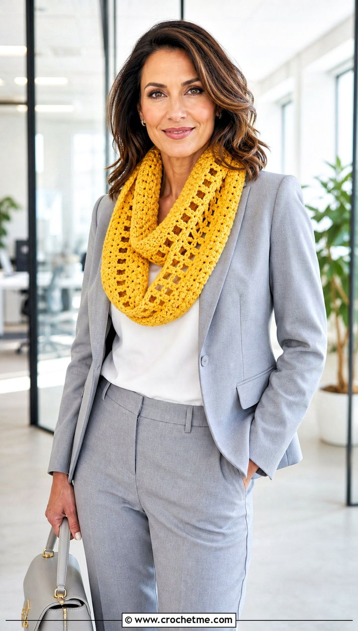 Lace Panel Crochet Chunky Cowl With Minimalist Suit - 30 crochet chunky cowl outfit ideas