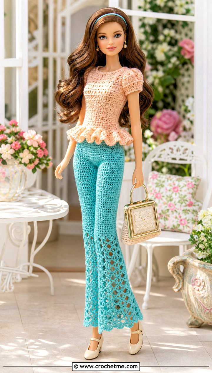 Lace Panel Crochet Doll Pants With Peplum Blouse - 25 Crochet Pants For Dolls outfit ideas