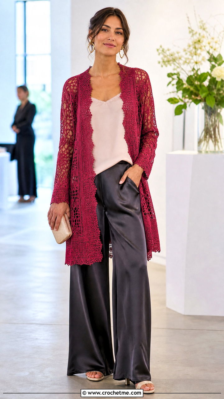 Lace Panel Crochet Folklore Cardigan With Satin Trousers - 35 crochet folklore cardigan outfit ideas