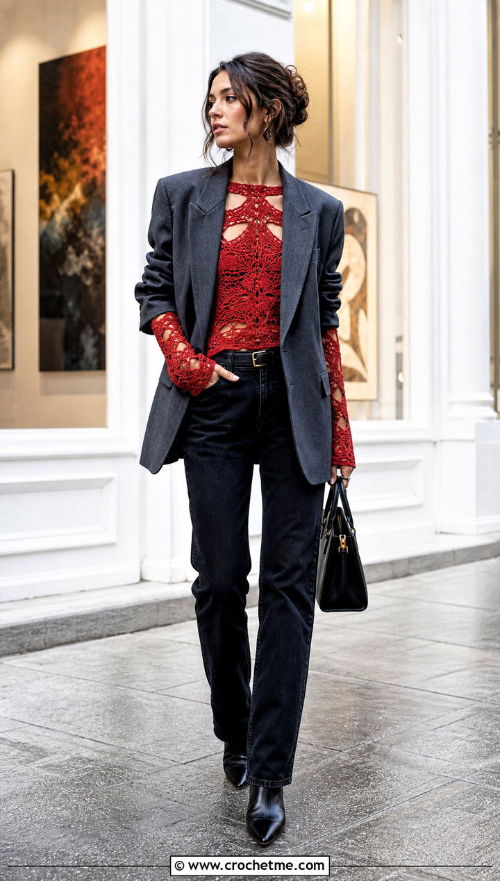 Lace Panel Crochet Grunge Top With Oversized Blazer - 30 crochet grunge top outfit ideas