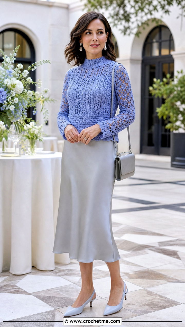 Lace Panel Crochet Mock Neck Top With Bias Midi Skirt - 35 crochet mock neck top outfit ideas