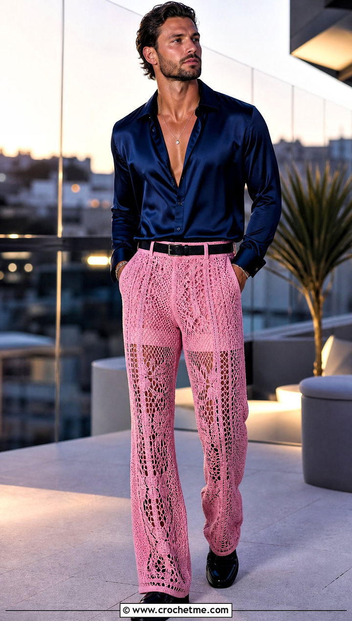 Lace Panel Crochet Pants With Silk Shirt - 15 crochet men pants outfit ideas