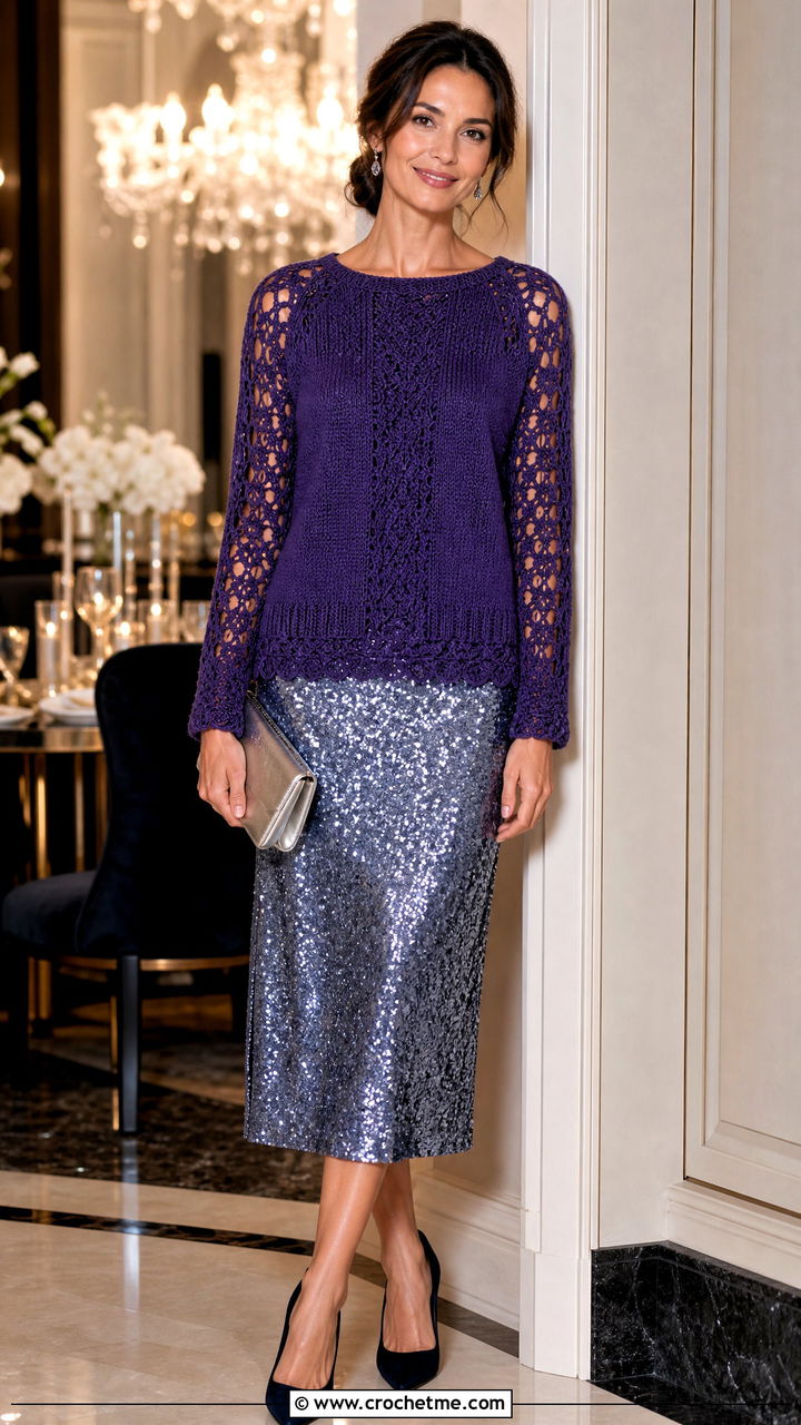 Lace Panel Crochet Sweater With Sequin Midi Skirt - 35 colorful crochet sweater outfit ideas