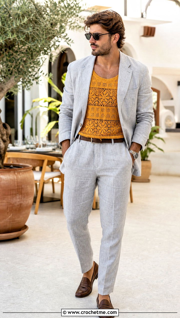 Lace Panel Crochet Tank Top With A Linen Suit - 30 Mens Crochet Tank Top outfit ideas