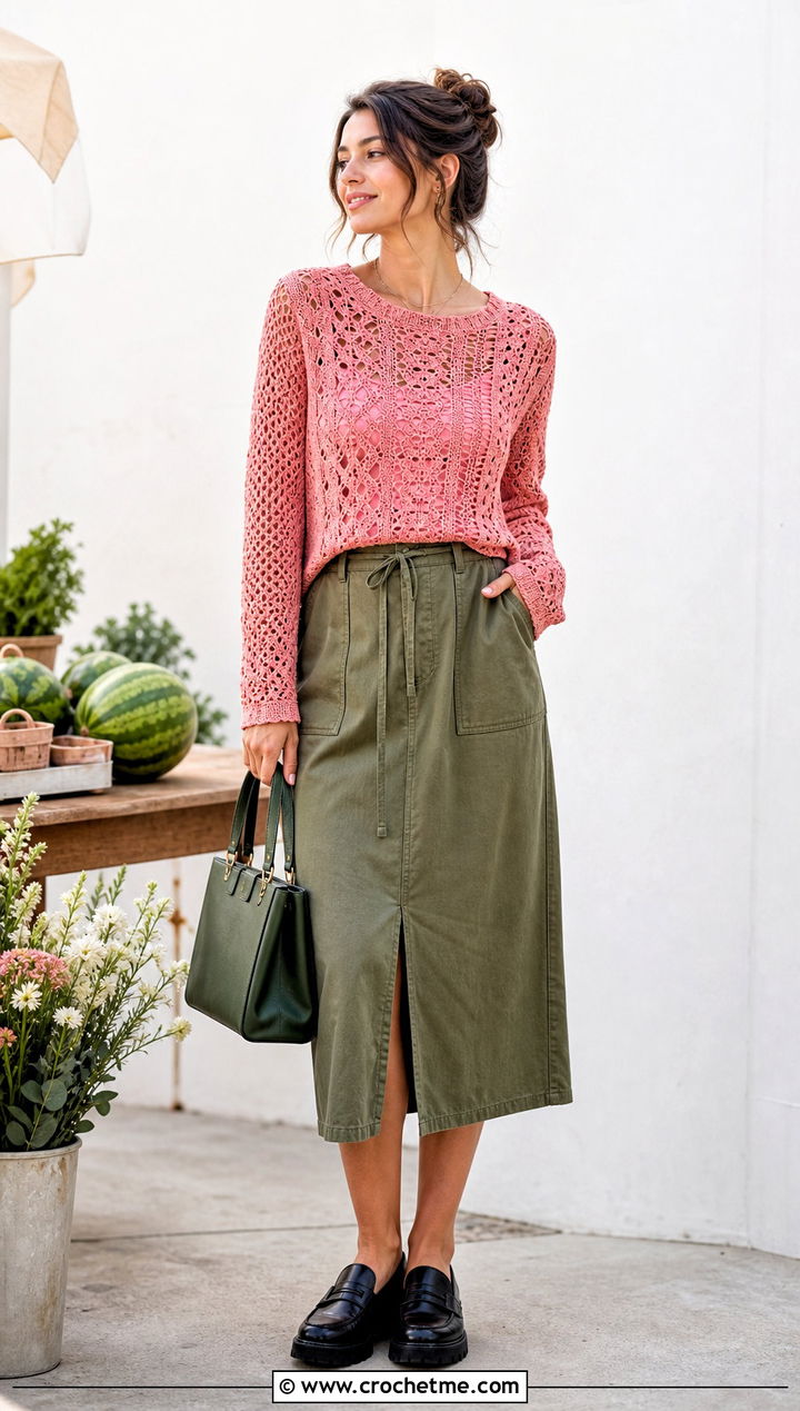 Lace Panel Double Crochet Sweater With Utility Skirt - 35 double crochet sweater outfit ideas