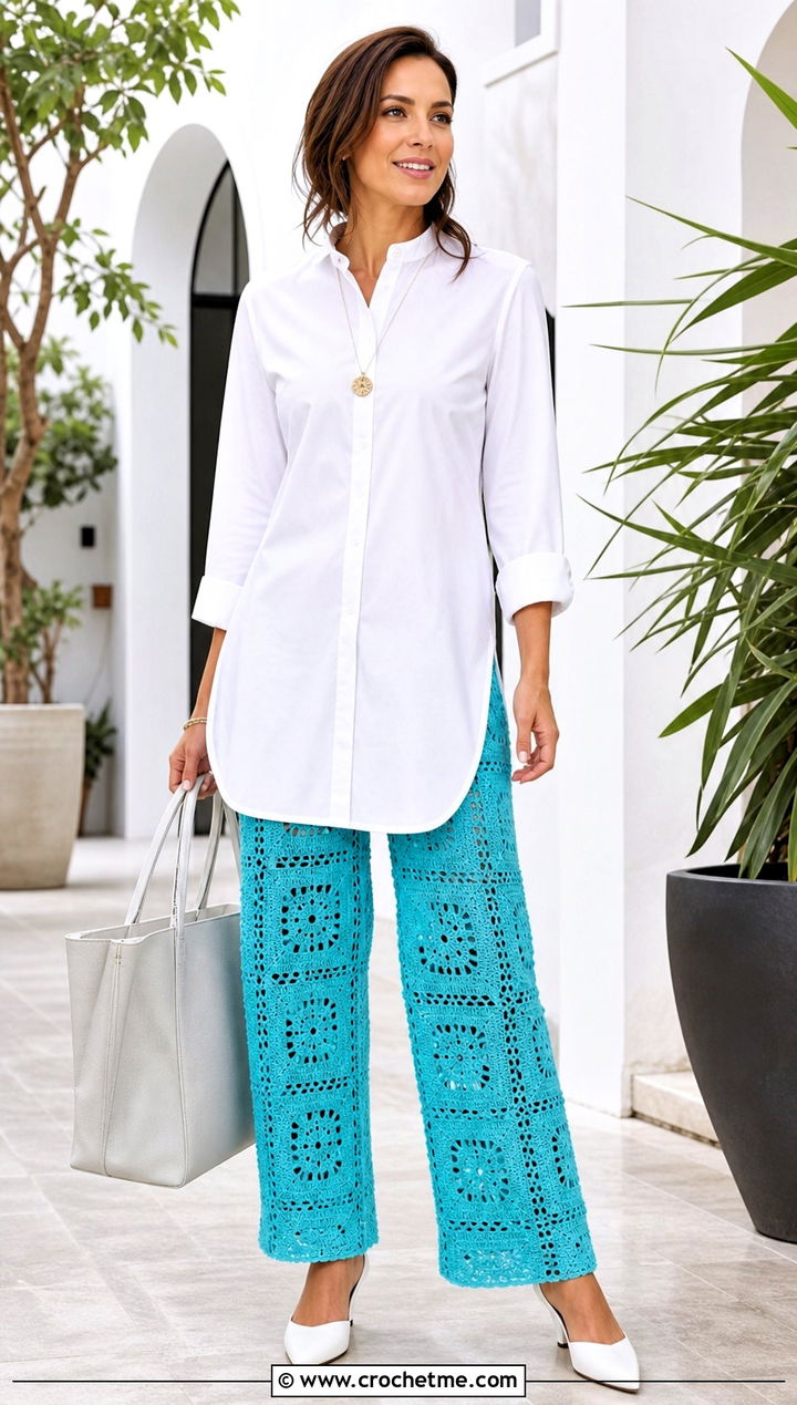 Lace Panel Granny Square Trousers With Crisp Tunic Shirt - 35 granny square trousers outfit ideas