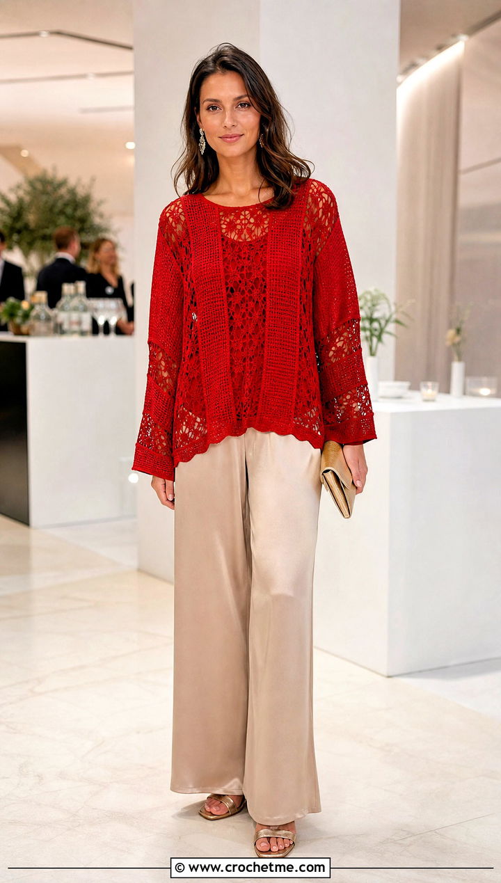 Lace Panel Tunisian Crochet Shirt With Satin Pants - 20 Tunisian Crochet Shirt outfit ideas