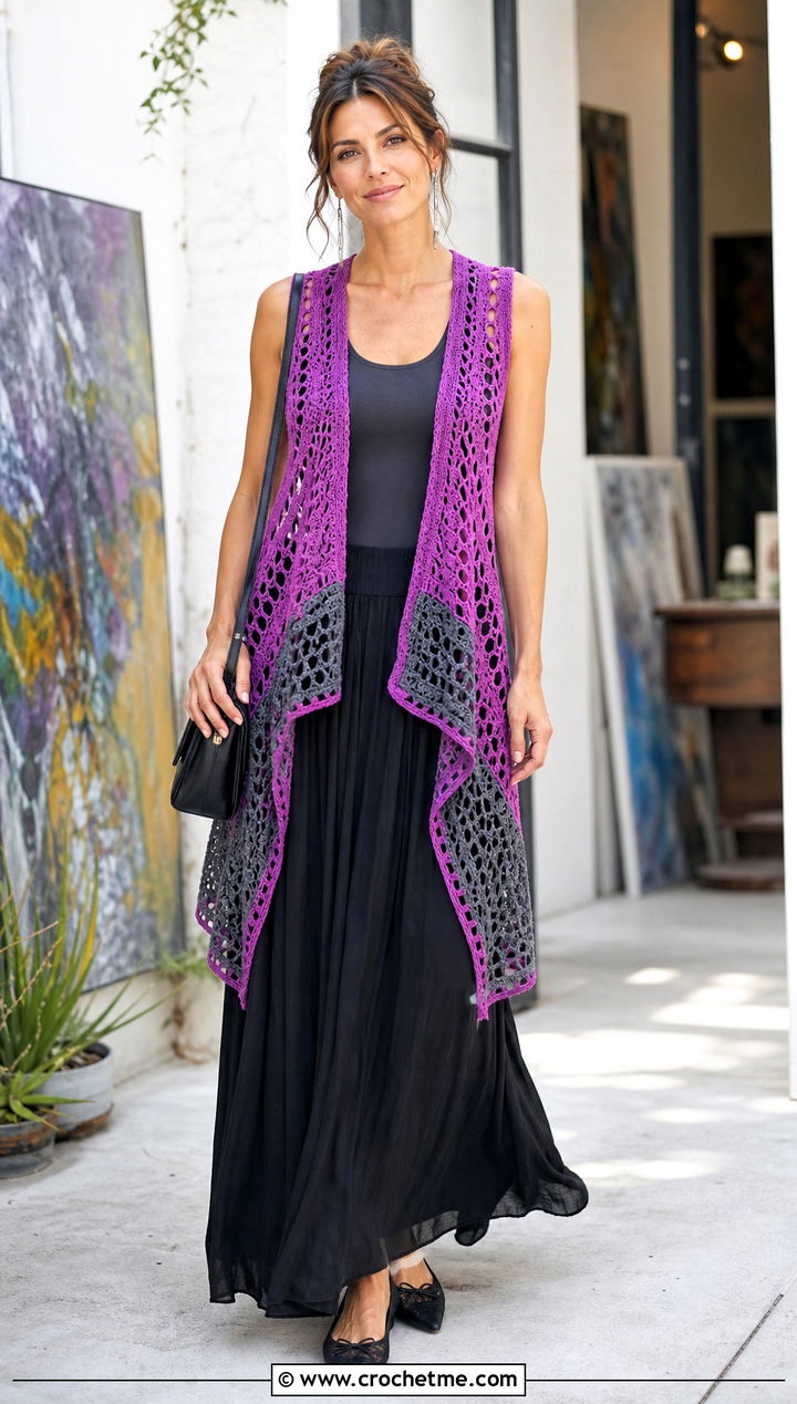 Lace Panel Wednesday Crochet Vest With Maxi Skirt - 30 wednesday crochet vest outfit ideas