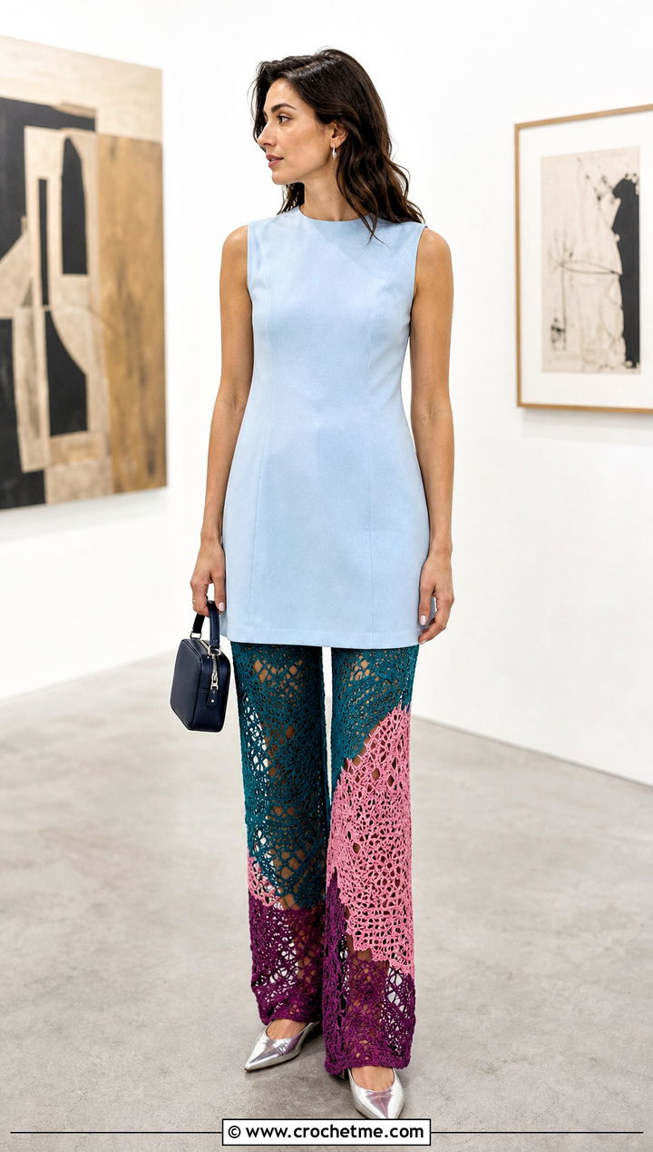 Lace Patchwork Crochet Pants Under Mini Dress - 15 Crochet Patchwork Pants outfit ideas