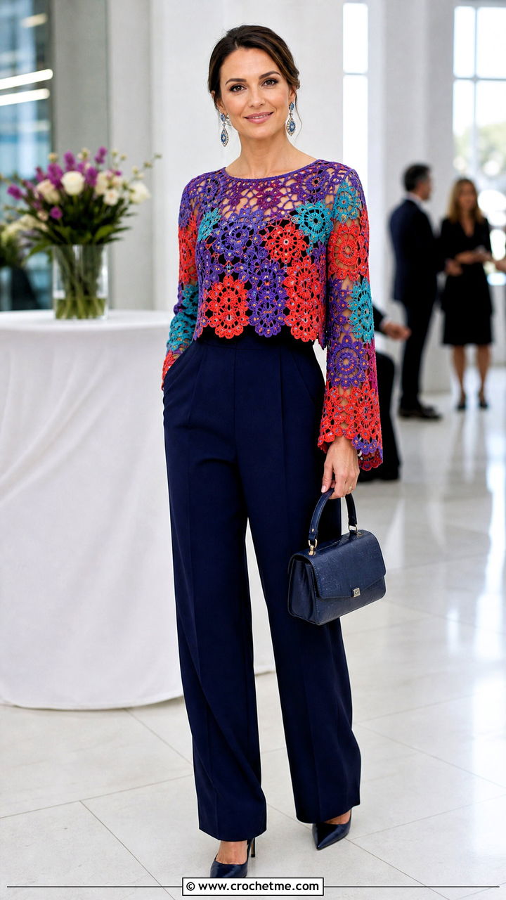 Lace Patchwork Crochet Sweater With Tailored Jumpsuit - 35 patchwork crochet sweater outfit ideas