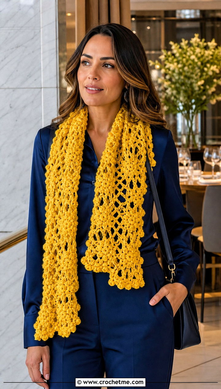 Lace Popcorn Crochet Scarf With Satin Blouse - 25 Popcorn Crochet Scarf outfit ideas