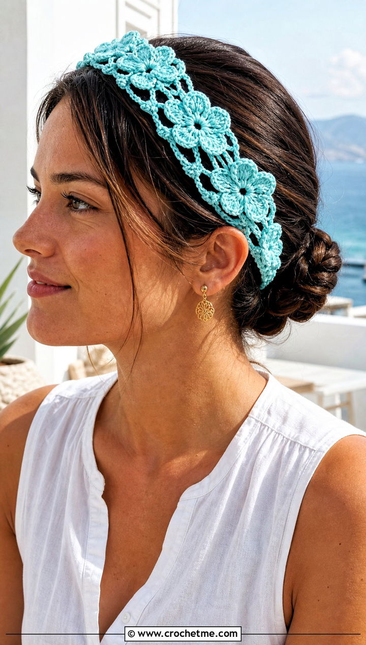 Lace Puff Flower Headband With Linen Vacation Outfit - 25 crochet puff flower headband outfit ideas