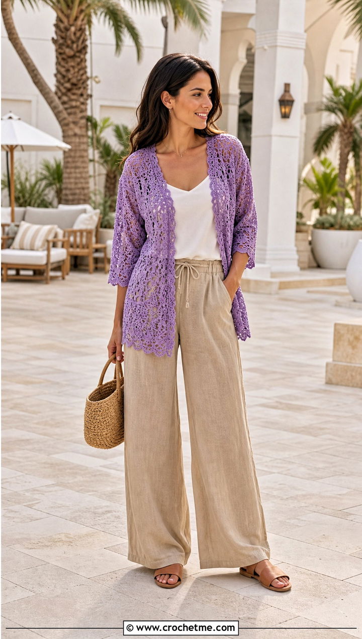 Lace Purple Crochet Cardigan With Linen Pants - 35 purple crochet cardigan outfit ideas