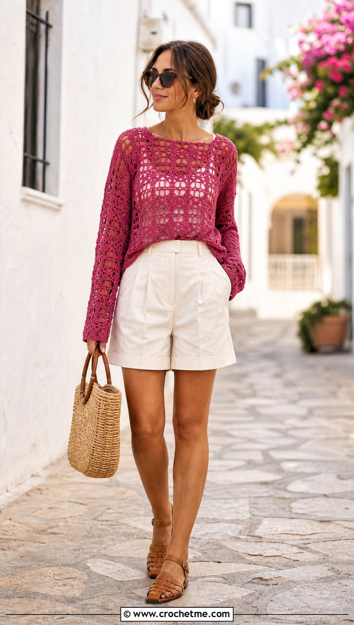 Lace Rectangle Sweater With Tailored Shorts - 15 Crochet Sweater From Rectangle outfit ideas