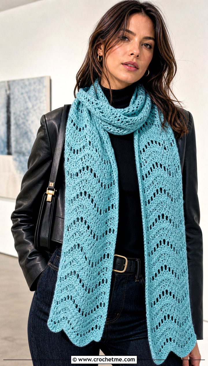 Lace Ripple Stitch Crochet Scarf With Leather Jacket - 15 ripple stitch crochet scarf outfit ideas