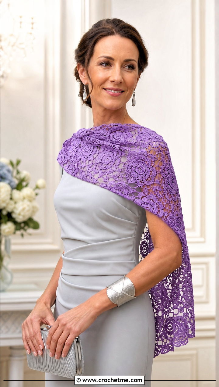 Lace Rose Rectangular Shawl With Column Dress - 20 Crochet Rose Shawl outfit ideas