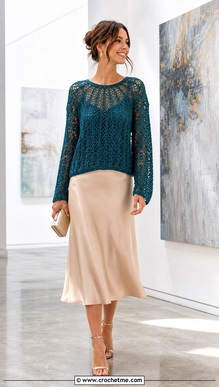 Lace Round Yoke Crochet Sweater With Satin Midi Skirt - 20 Round Yoke Crochet Sweater outfit ideas