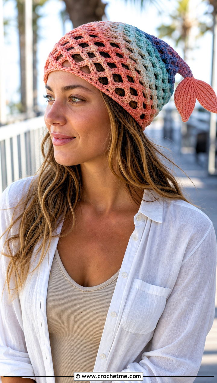 Lace Scale Mermaid Tail Crochet Hat With Linen Set - 15 Mermaid Tail Crochet Hat outfit ideas