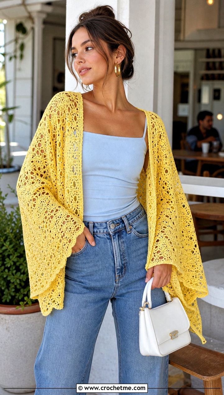 Lace Shawl With Sleeves With Wide Leg Jeans - 20 crochet scarf with arms outfit ideas